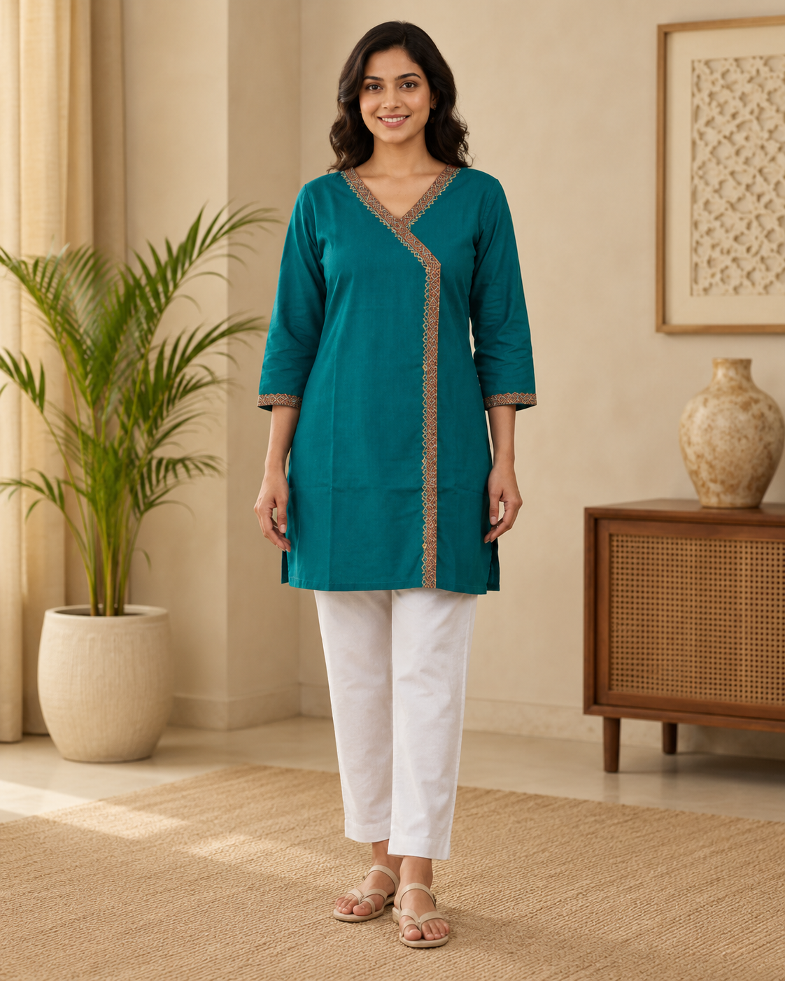 Teal Embroidered Angrakha Short Tunic Top