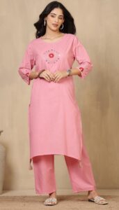 Pink/Rani Pure Cotton Embroidered Kurta Palazzo Set for Women