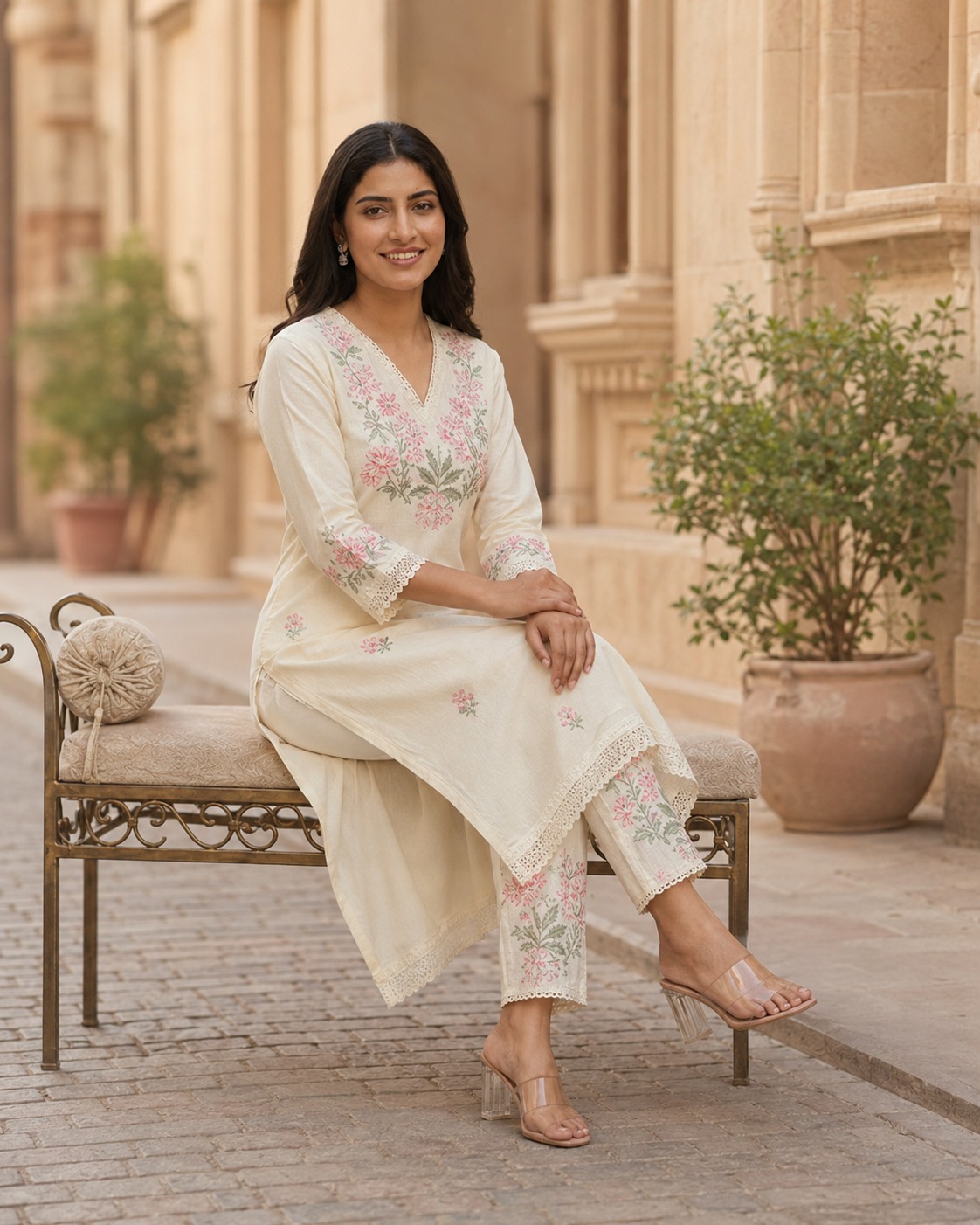 Designer Embroidered Cotton Kurti with Ankle Length Pant