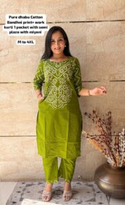 Bandhani Kurti with Pant for Women | Dhabu Cotton Neck Work Set