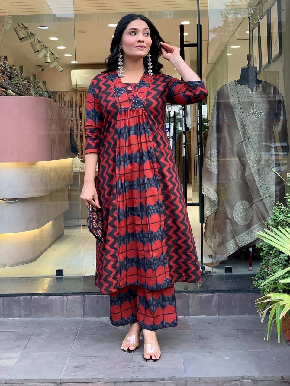 Cotton Kurta Pant Set for Women | A-Line Hand Work Kurti