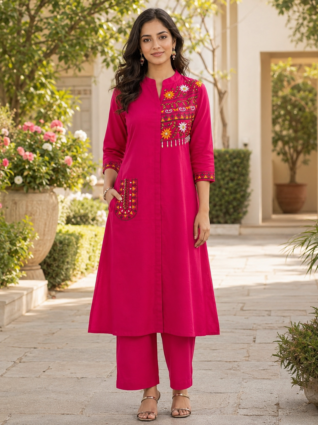 A-Line Kurti with Pant and Embroidery Work