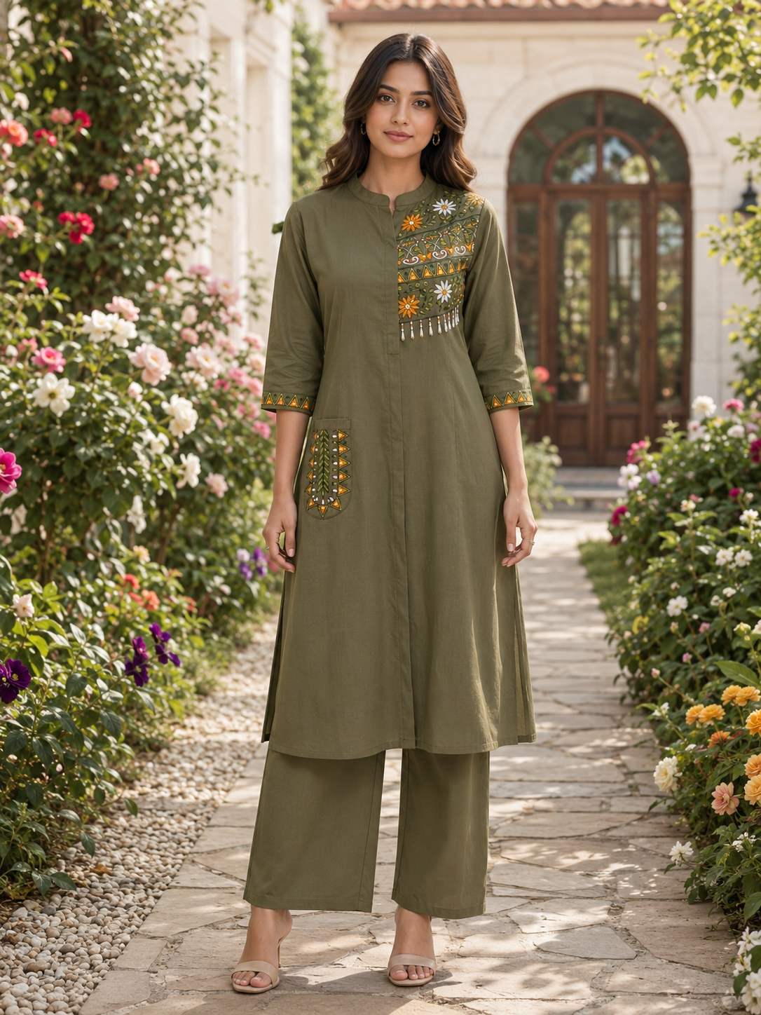 A-Line Kurti with Pant and Embroidery Work
