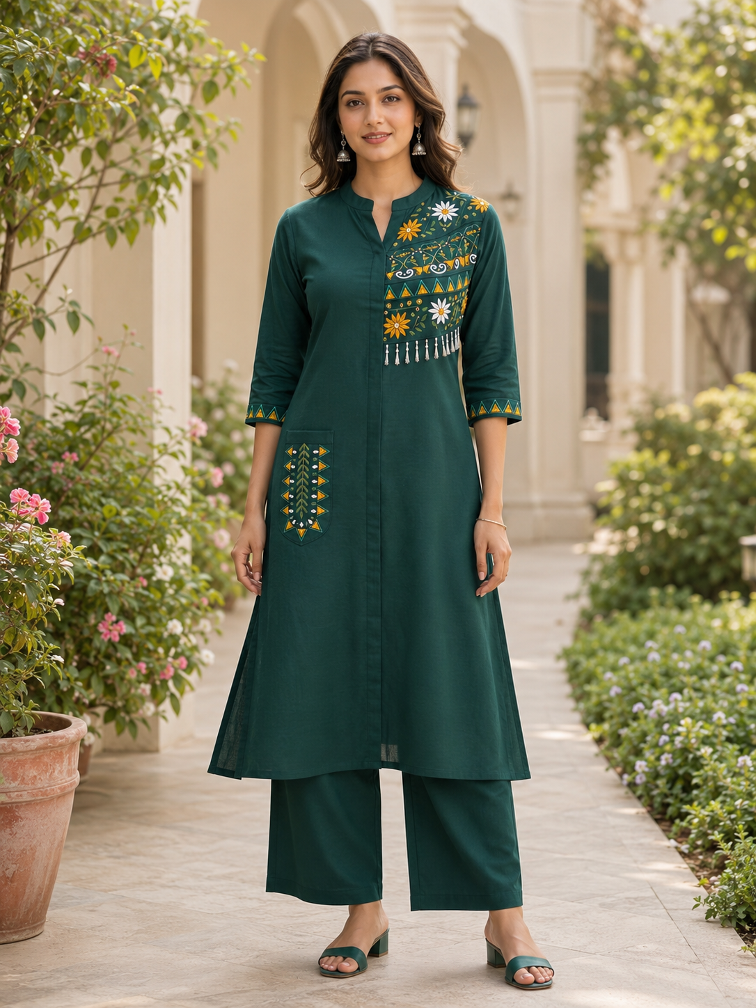 A-Line Kurti with Pant and Embroidery Work
