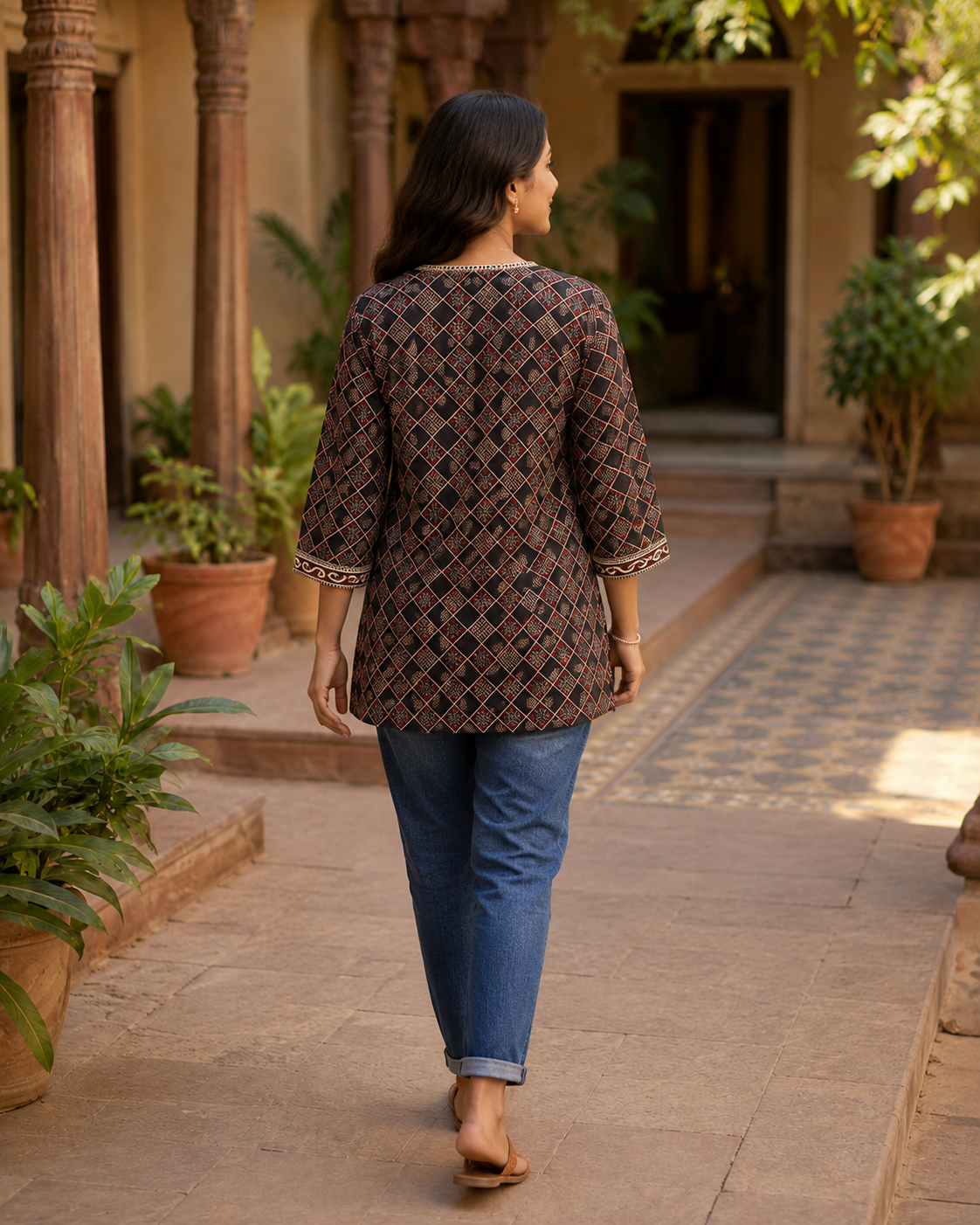 Ajrakh Vegetable Print Cotton Short Top for Women