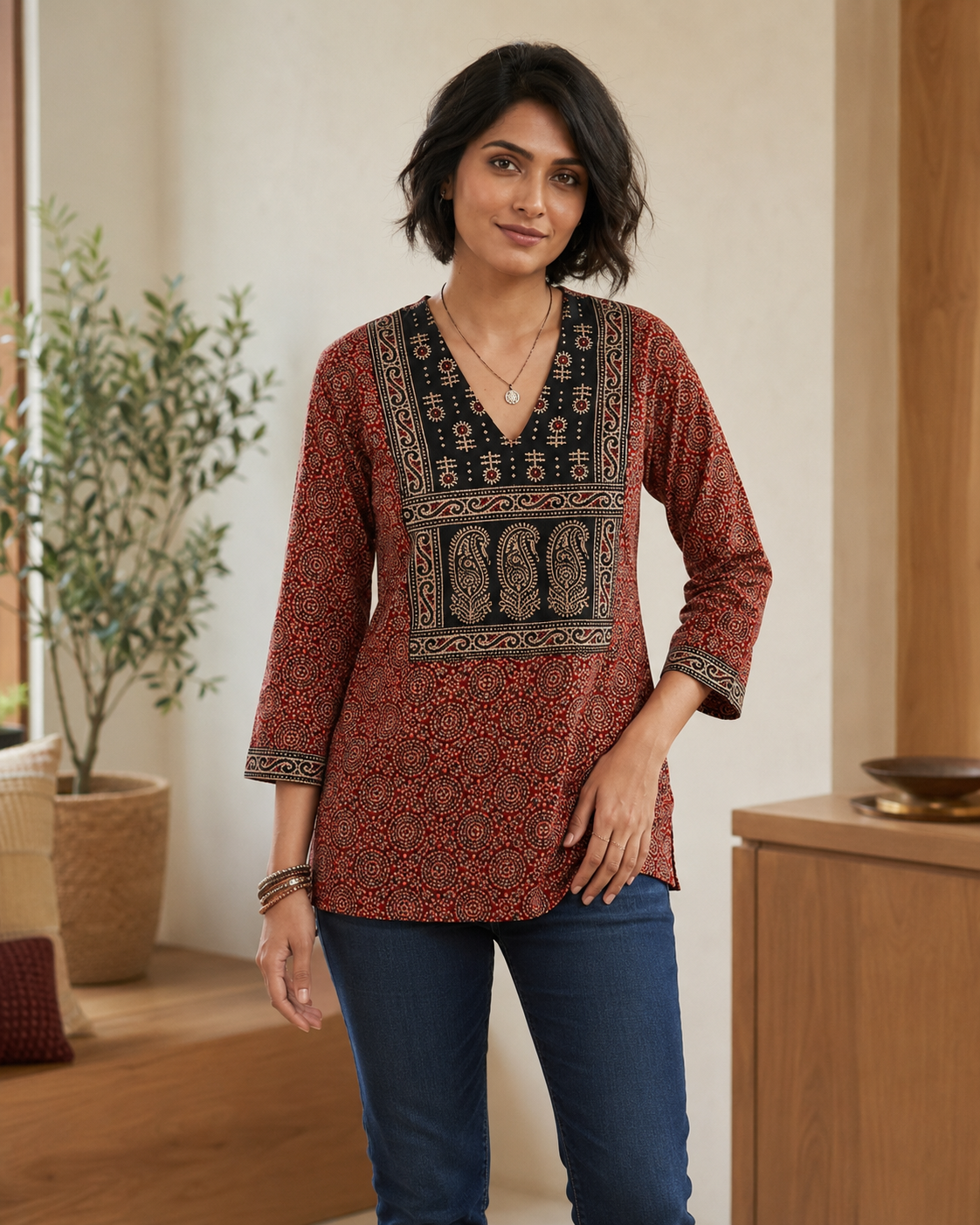 Ajrakh Vegetable Print Cotton Short Top for Women
