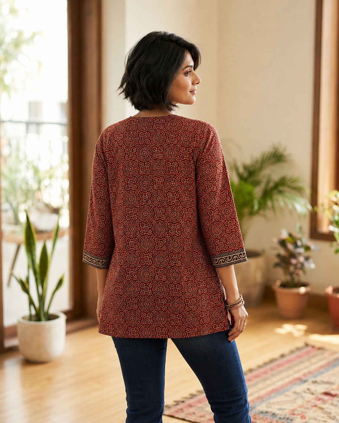 Ajrakh Vegetable Print Cotton Short Top for Women