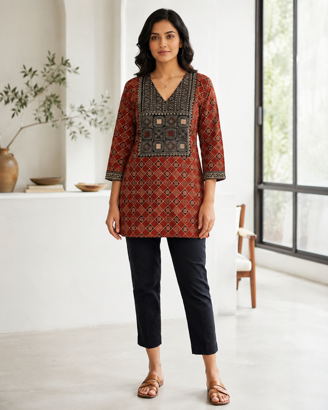 Ajrakh Vegetable Print Cotton Short Top for Women