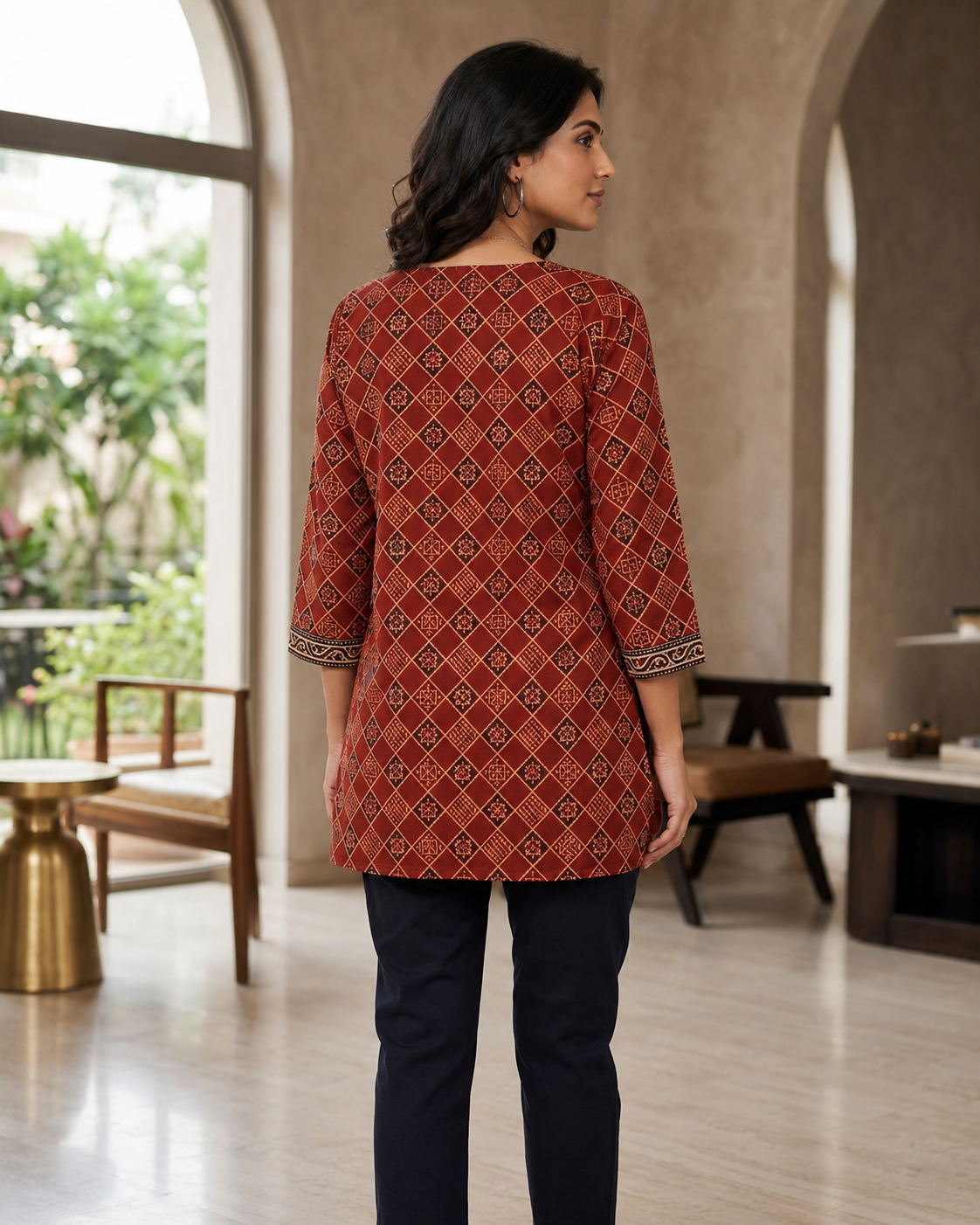 Ajrakh Vegetable Print Cotton Short Top for Women