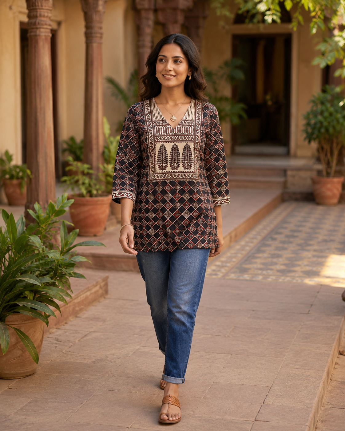 Ajrakh Vegetable Print Cotton Short Top for Women