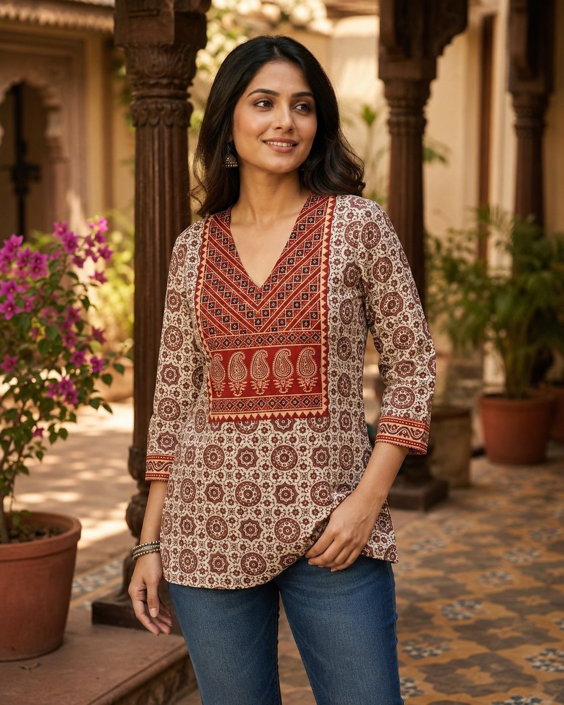 Ajrakh Vegetable Print Cotton Short Top for Women