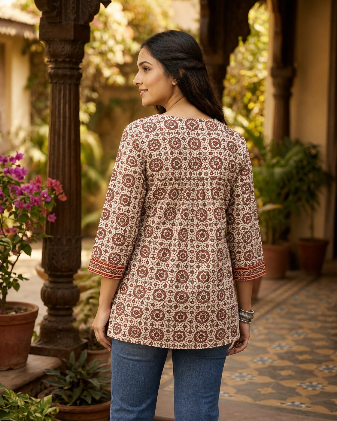Ajrakh Vegetable Print Cotton Short Top for Women