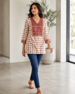Ajrakh Vegetable Print Cotton Short Top for Women