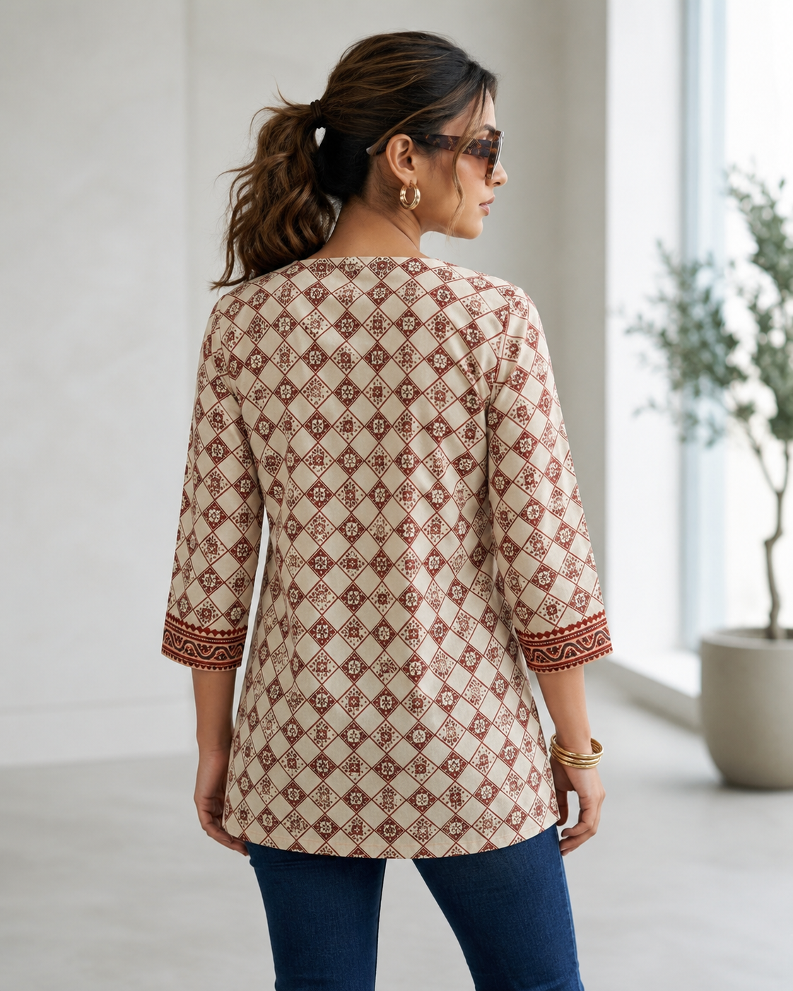 Ajrakh Vegetable Print Cotton Short Top for Women