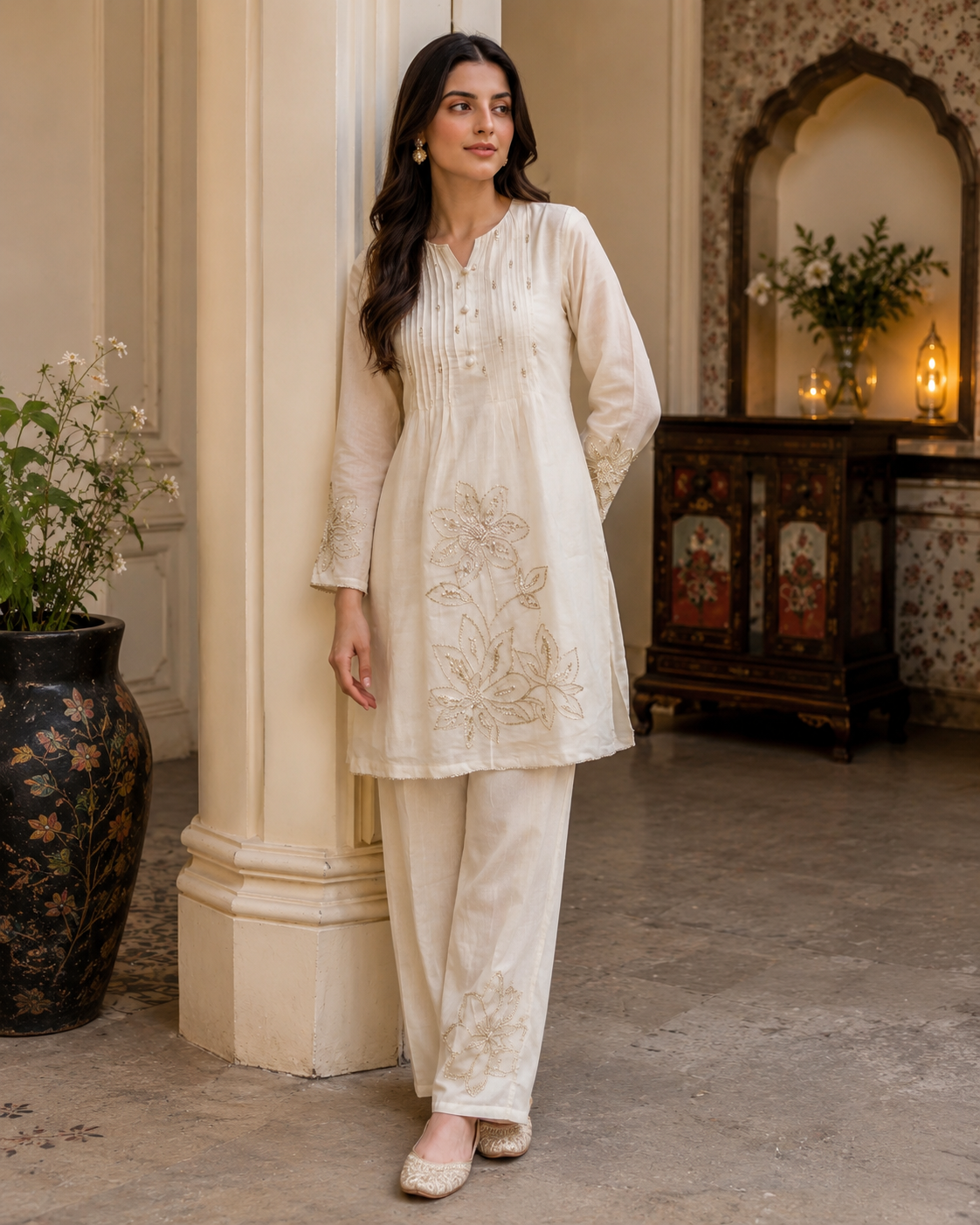 Ivory Mul Chanderi Kurti Pant Set