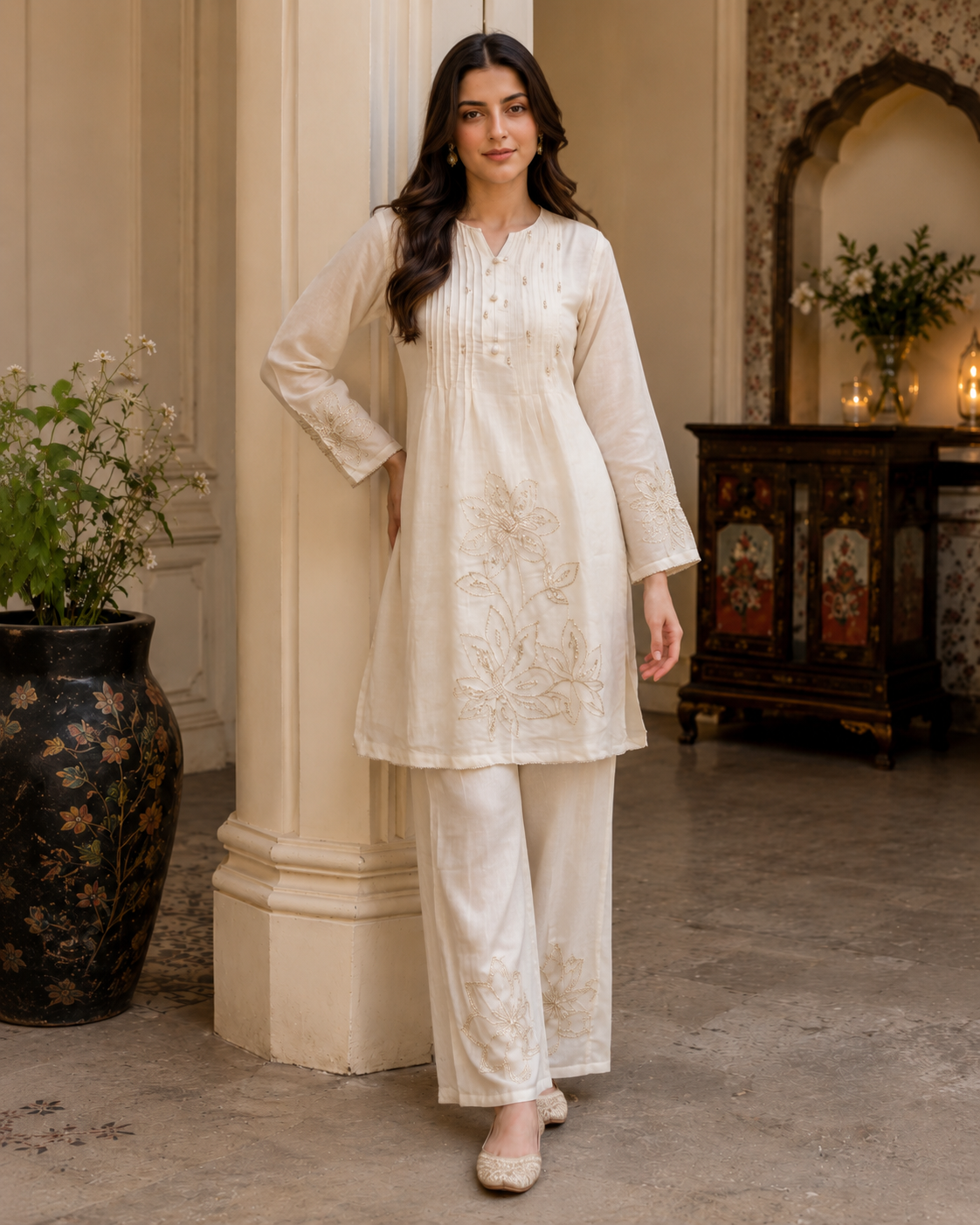 Ivory Mul Chanderi Kurti Pant Set with Applique Embroidery Work