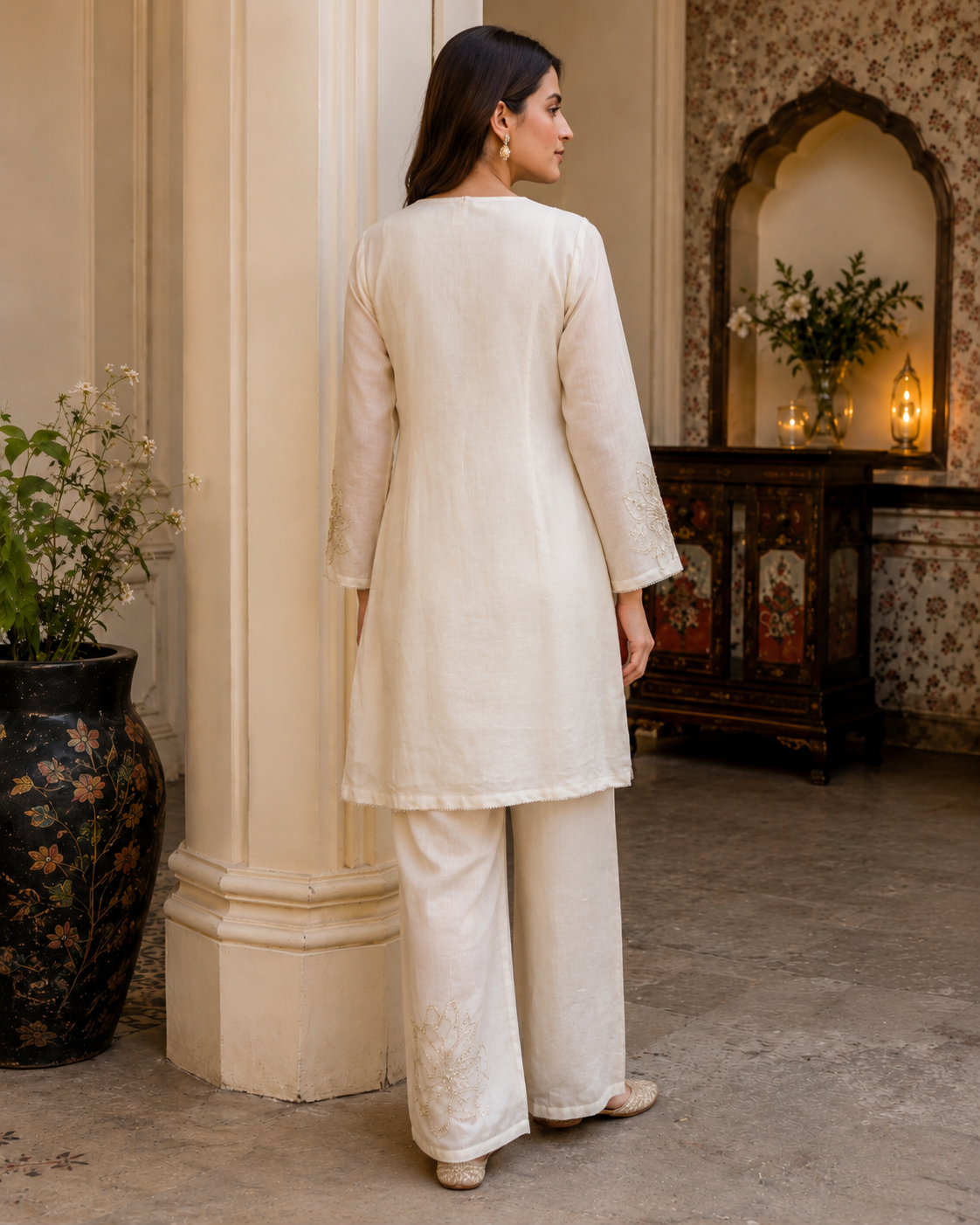 Ivory Mul Chanderi Kurti Pant Set