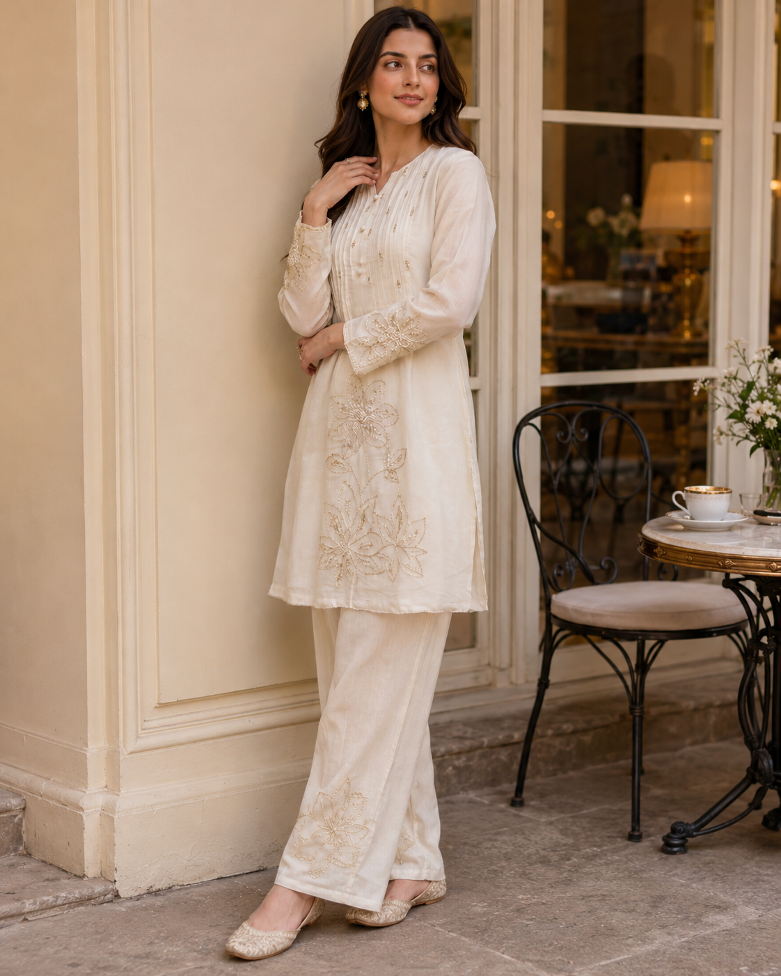 Ivory Mul Chanderi Kurti Pant Set