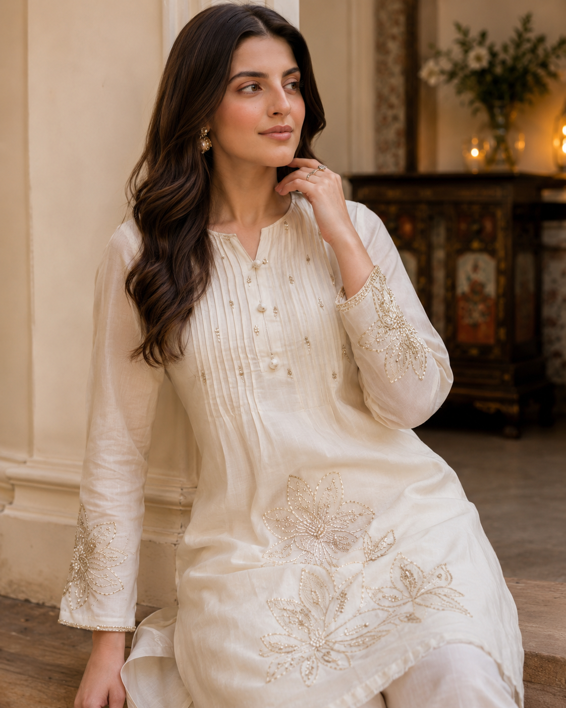 Ivory Mul Chanderi Kurti Pant Set