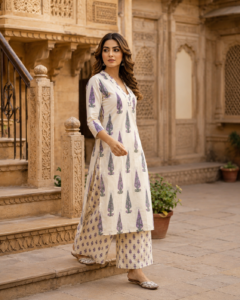 Pure Jaipuri Discharge Print Kurti Pant Set for Women