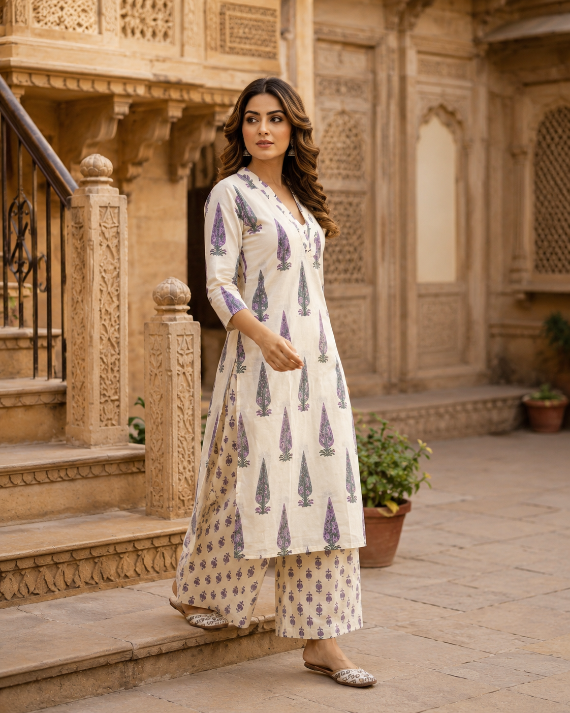 Jaipuri Discharge Print Kurti Pant Set