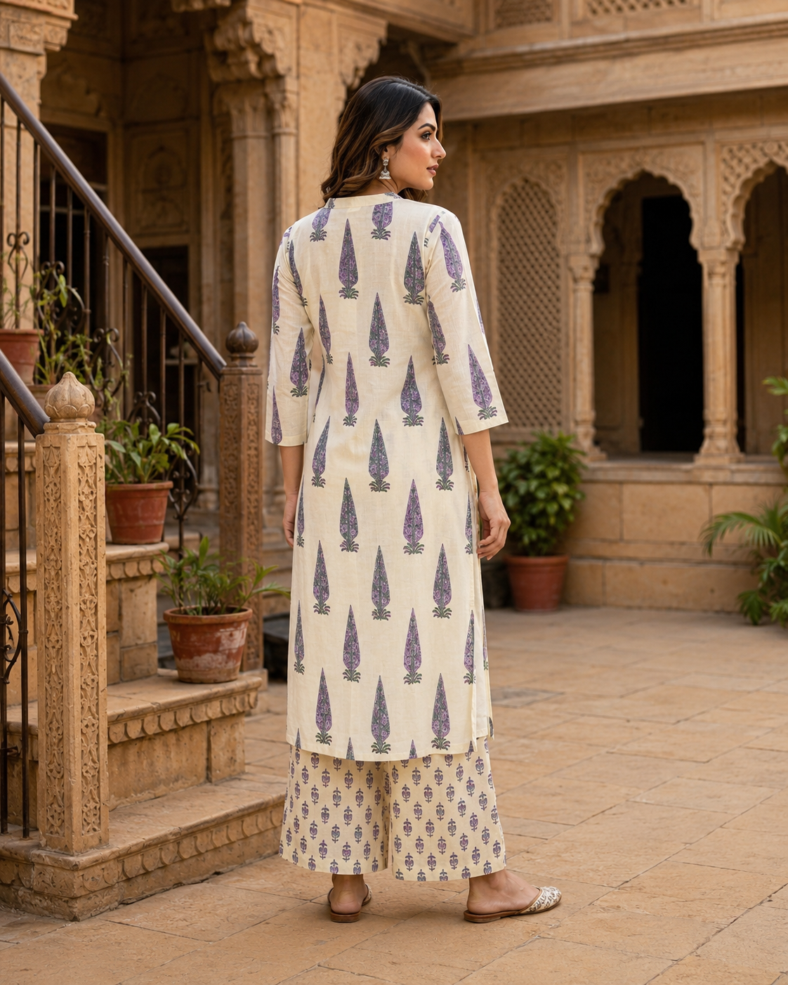 Jaipuri Discharge Print Kurti Pant Set