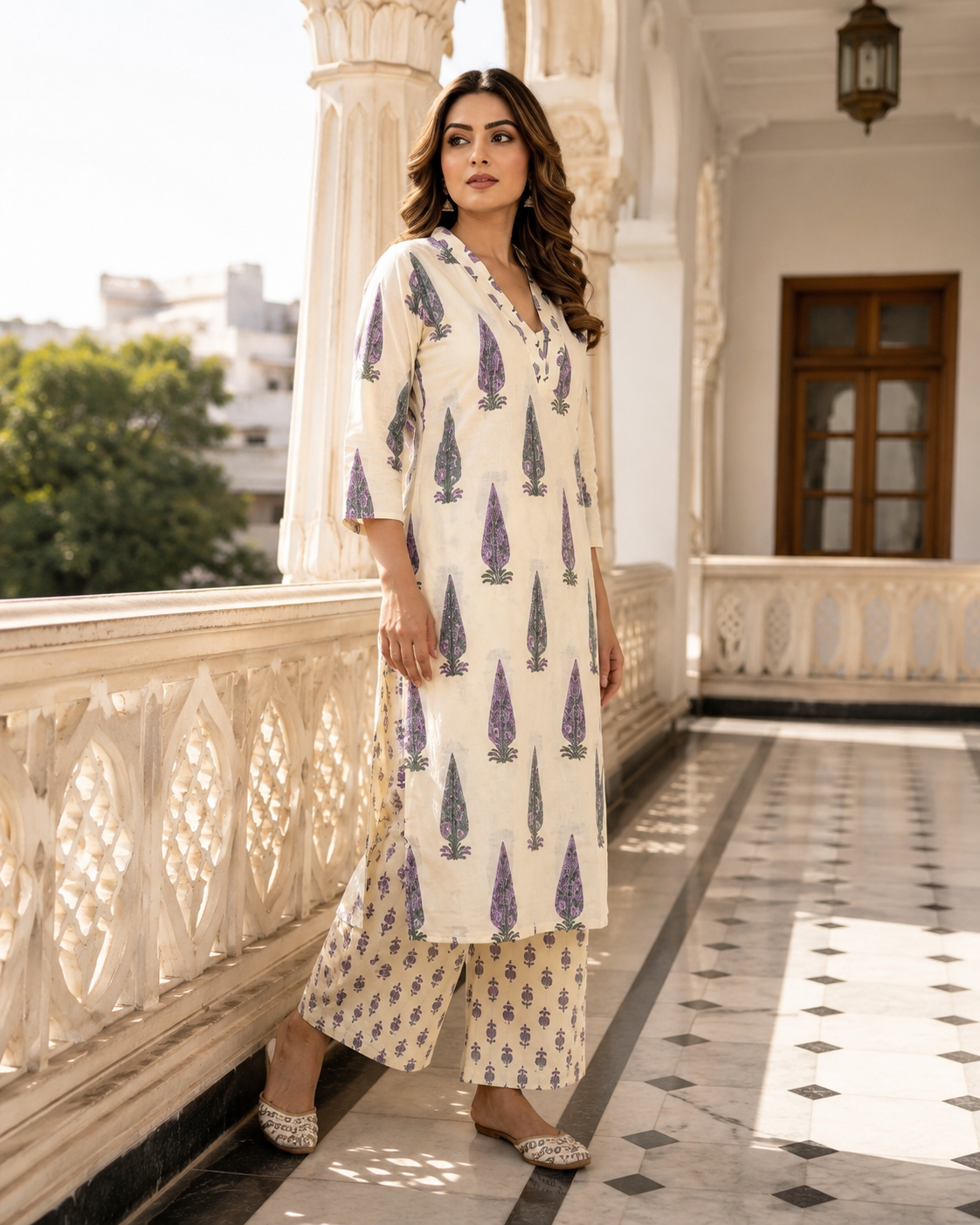 Jaipuri Discharge Print Kurti Pant Set
