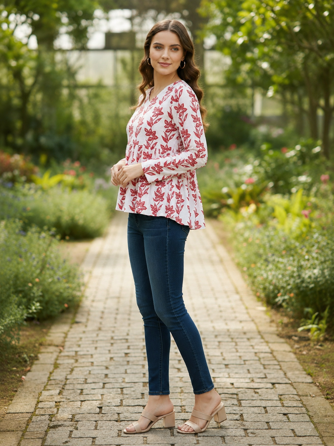 Women Cotton Printed Peplum Top with Long Churi Sleeves