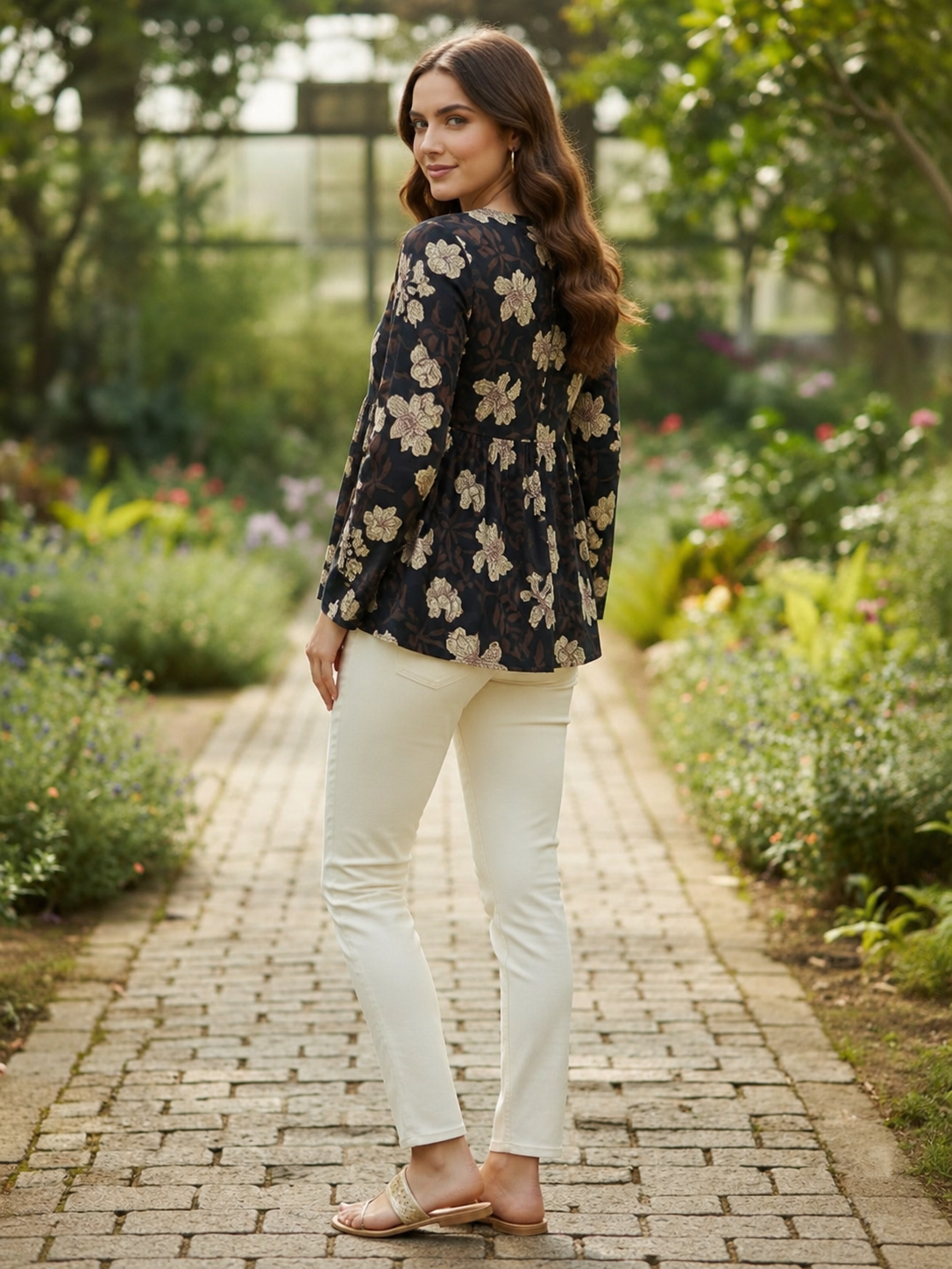 Women Cotton Printed Peplum Top with Long Churi Sleeves