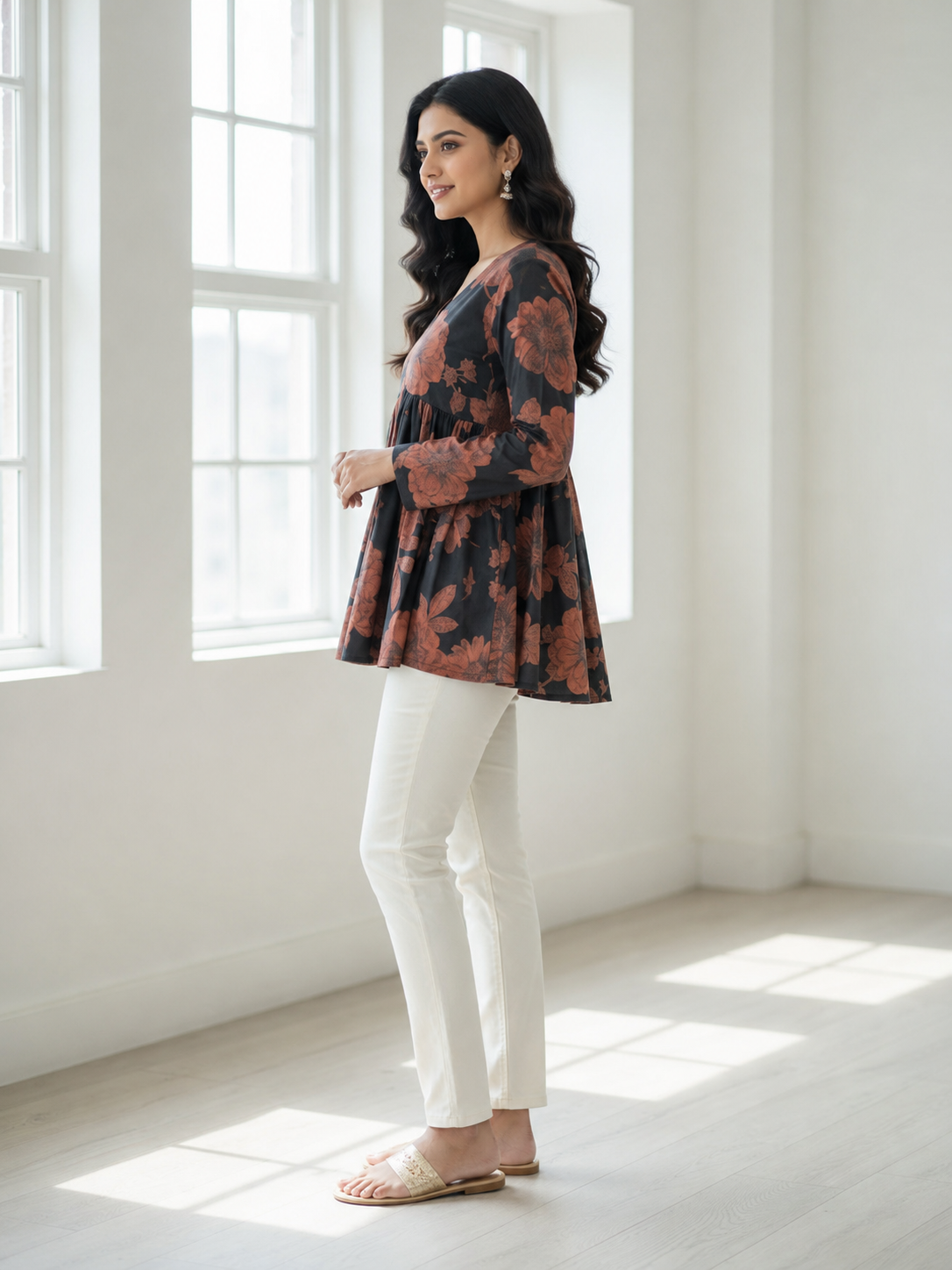 Women’s Cotton Printed Peplum Top with Long Churi Sleeves – 7 Colors