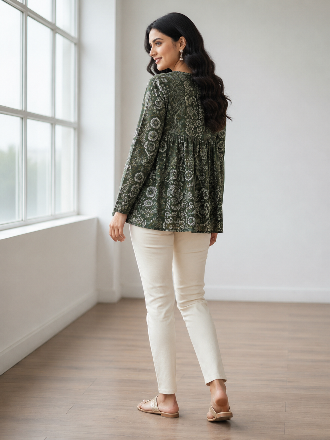 Women Cotton Printed Peplum Top with Long Churi Sleeves