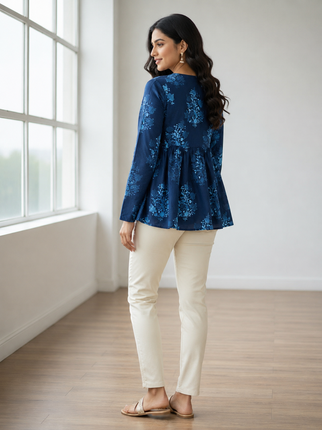 Women Cotton Printed Peplum Top with Long Churi Sleeves