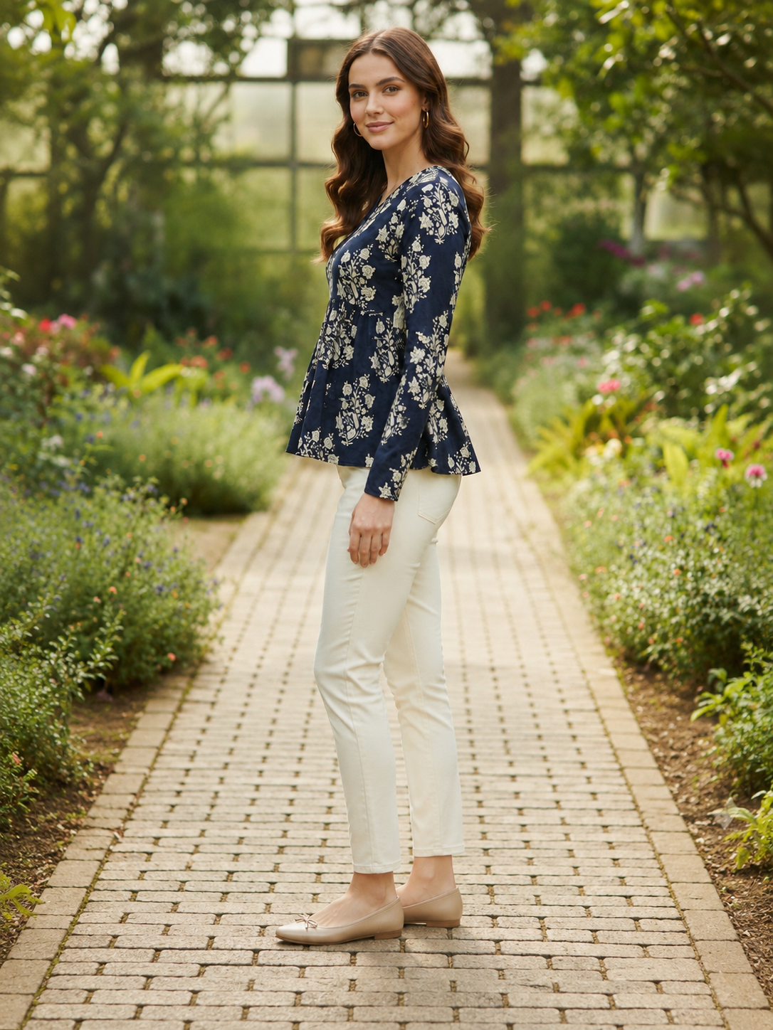 Women Cotton Printed Peplum Top with Long Churi Sleeves