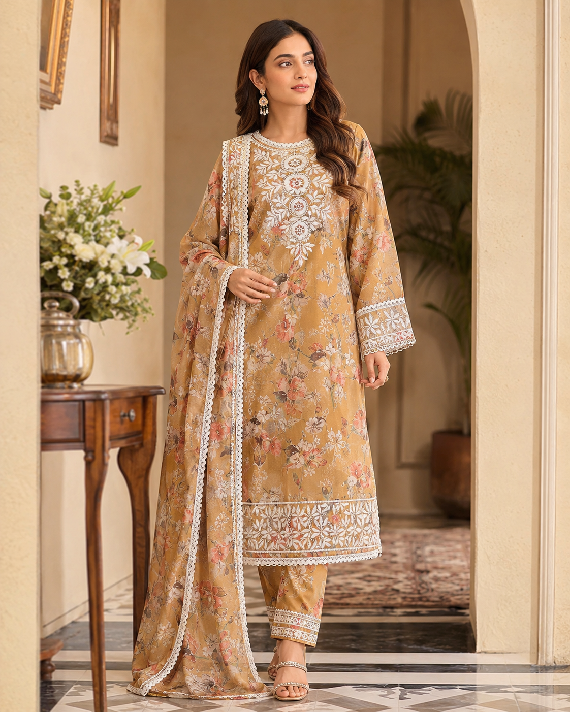 Mul Mul Cotton Chikankari Angrakha Kurti with Pant Set