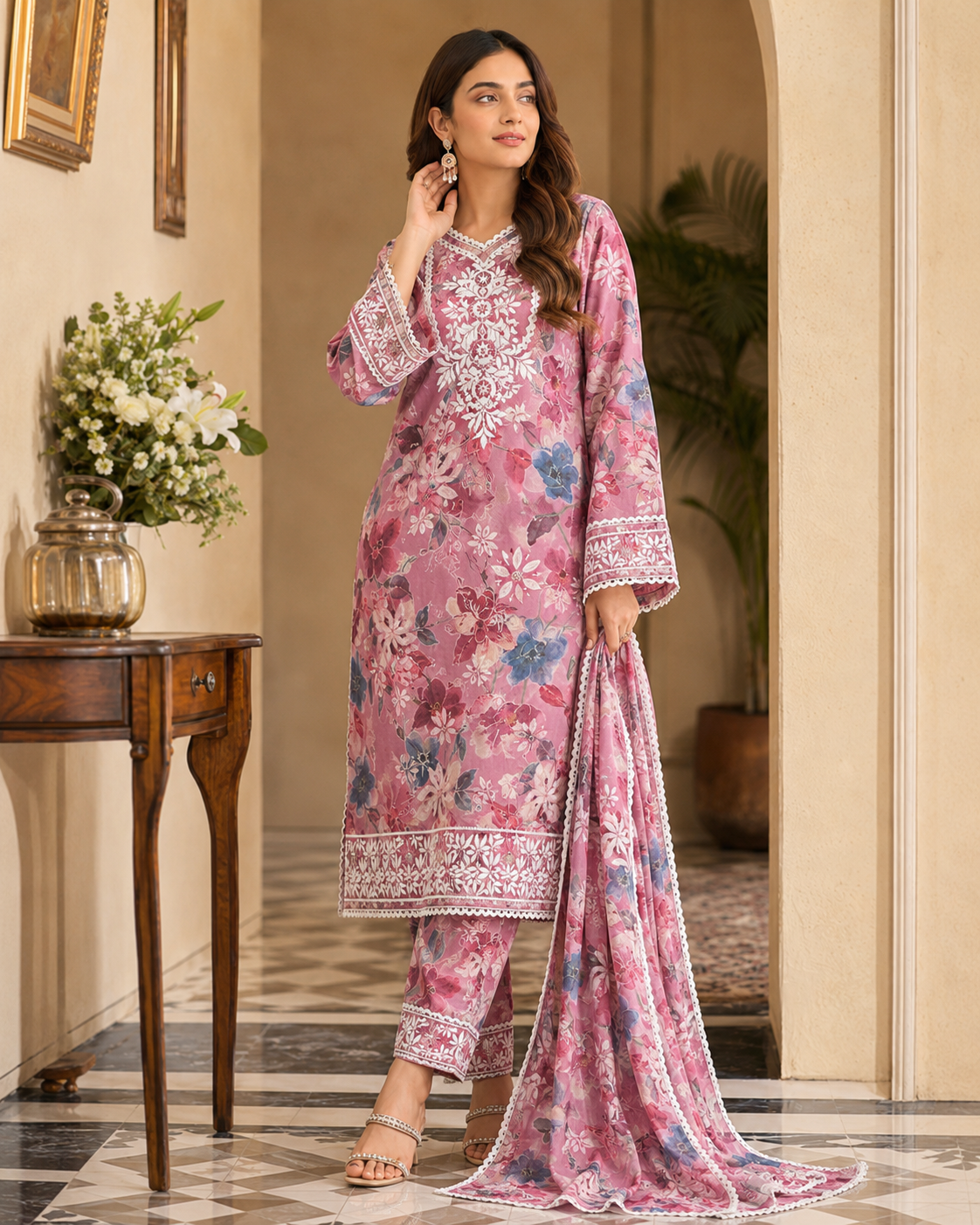 Mul Mul Cotton Chikankari Angrakha Kurti with Pant Set