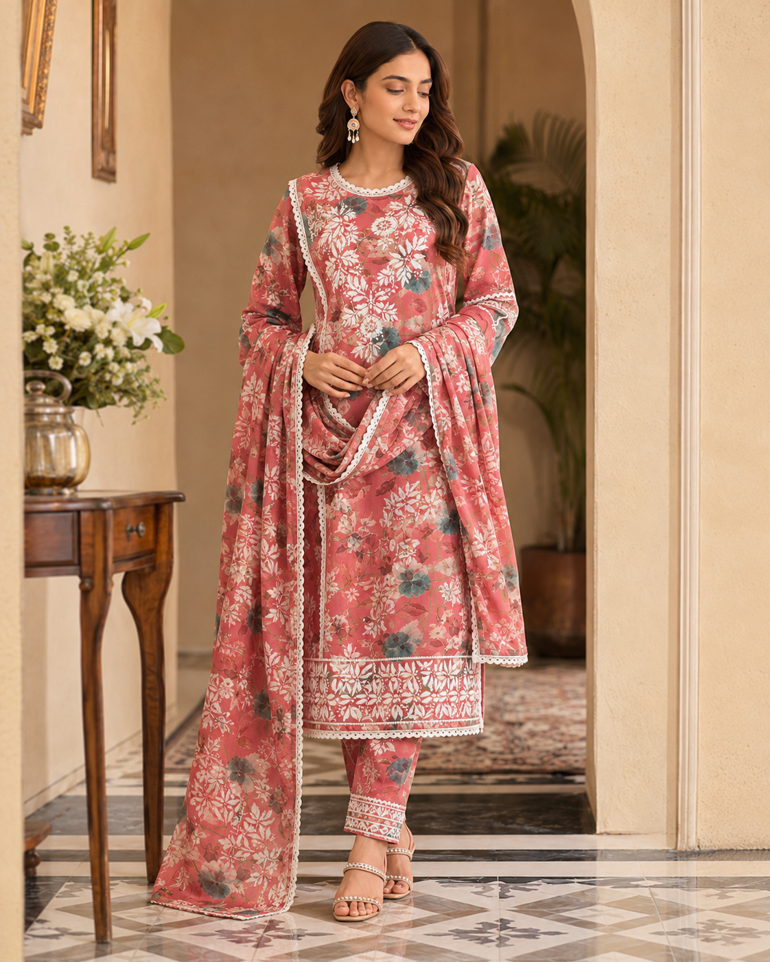 Mul Mul Cotton Chikankari Angrakha Kurti with Pant Set