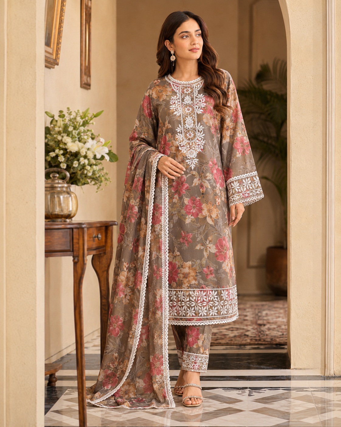 Mul Mul Cotton Chikankari Angrakha Kurti with Pant Set