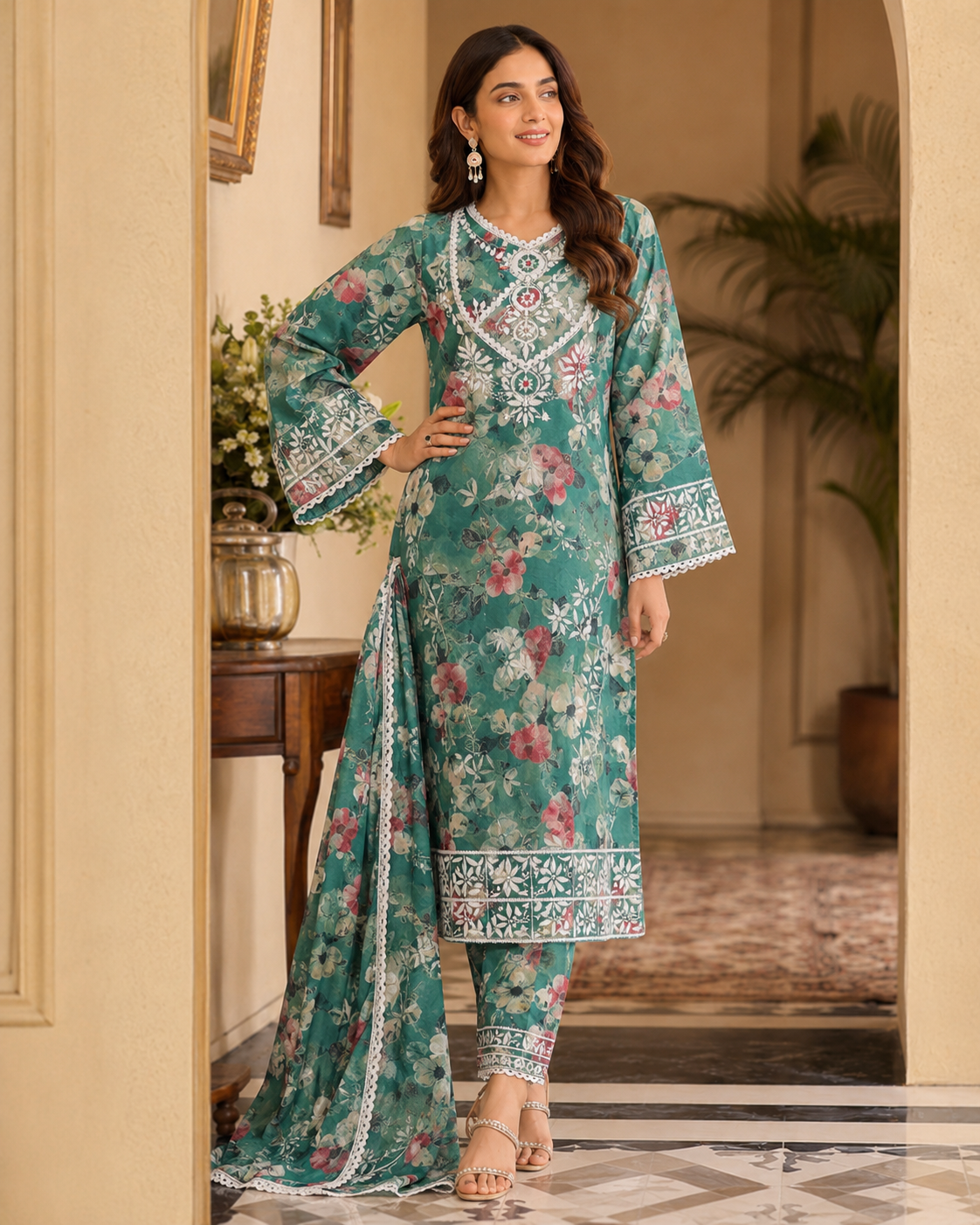 Mul Mul Cotton Chikankari Angrakha Kurti with Pant Set