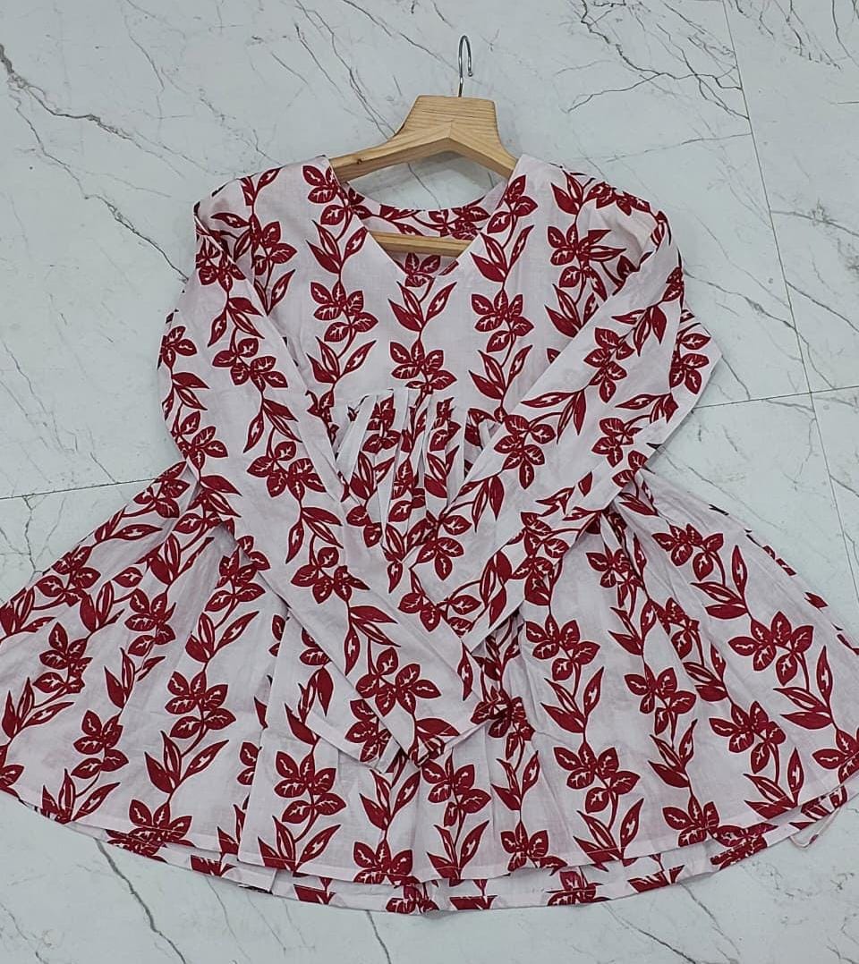 Women Cotton Printed Peplum Top with Long Churi Sleeves