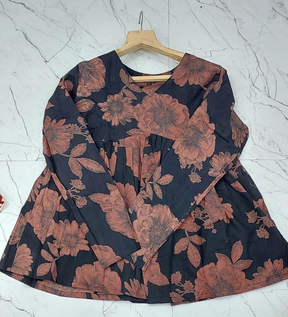Women Cotton Printed Peplum Top with Long Churi Sleeves