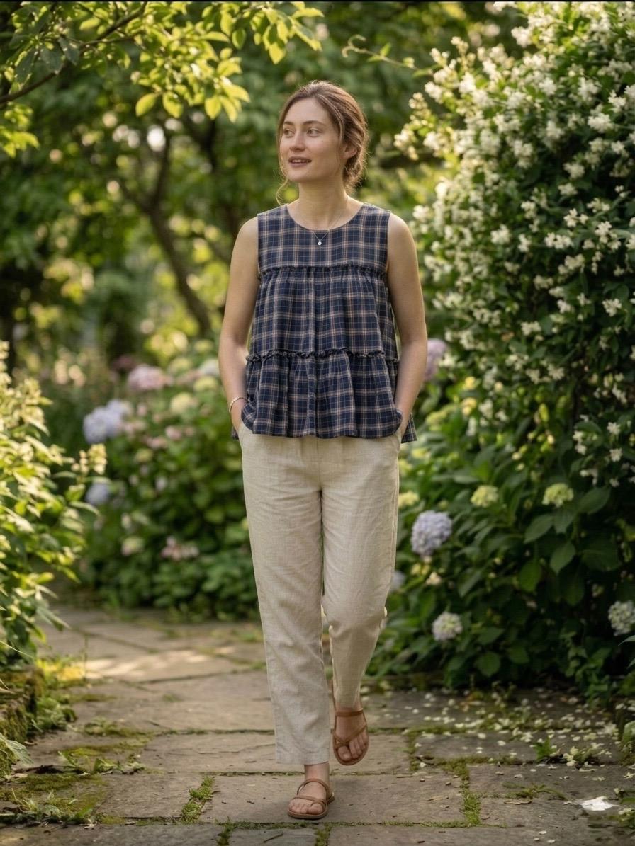 Linen Cotton Checks Top Pant Set for Women