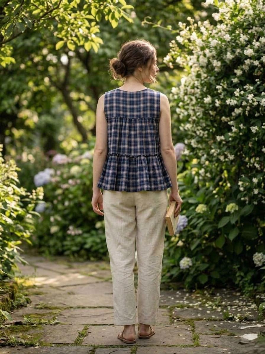 Linen Cotton Checks Top Pant Set for Women