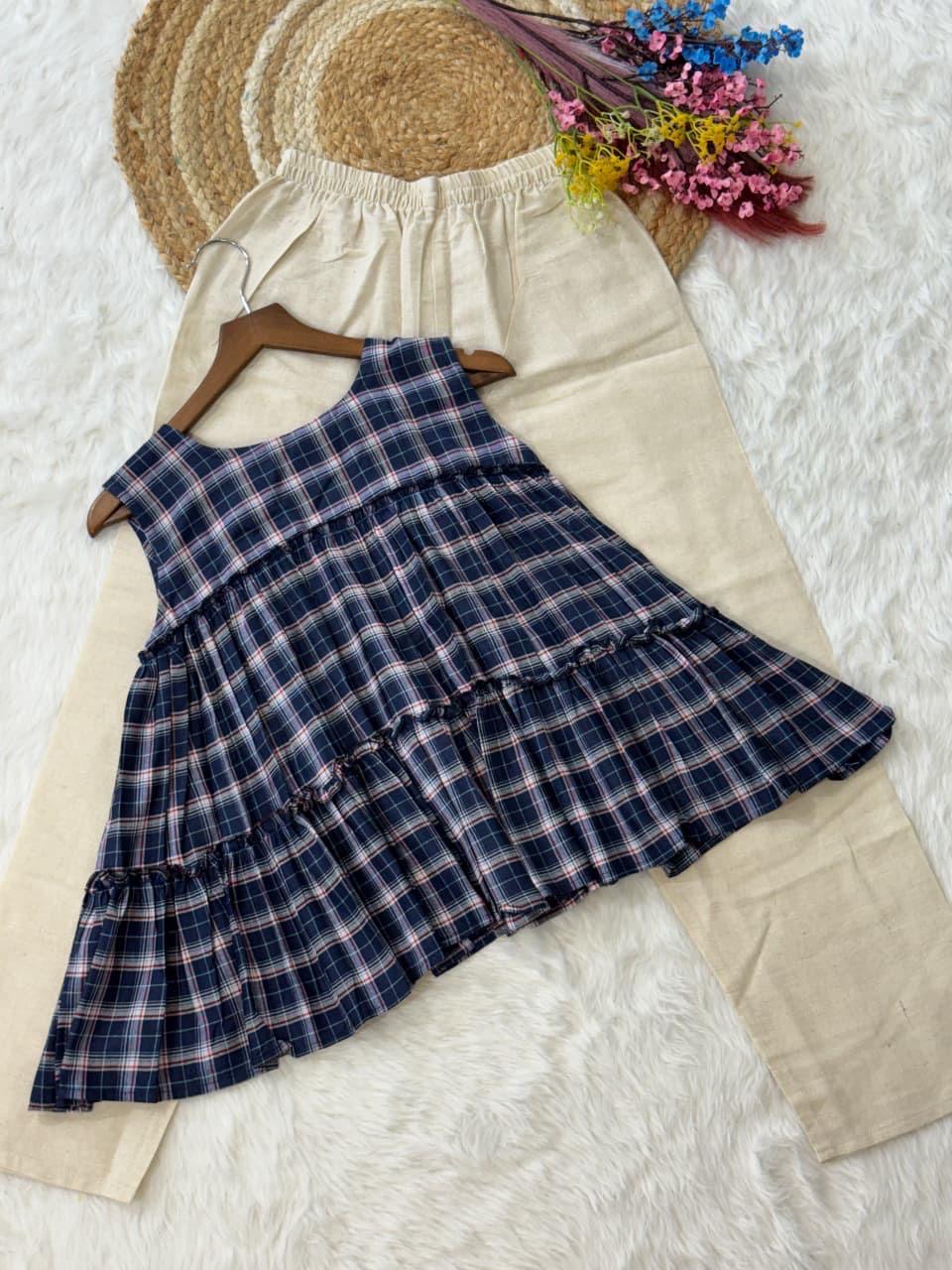Linen Cotton Checks Top Pant Set for Women