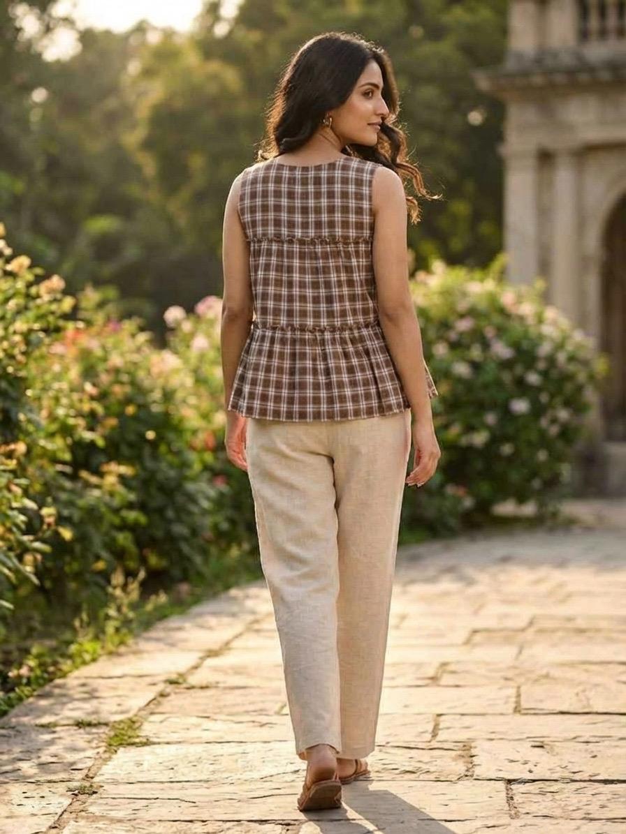 Linen Cotton Checks Top Pant Set for Women