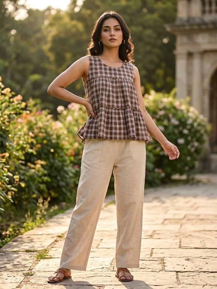Linen Cotton Checks Top Pant Set for Women