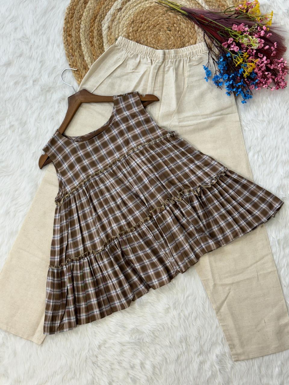 Linen Cotton Checks Top Pant Set for Women