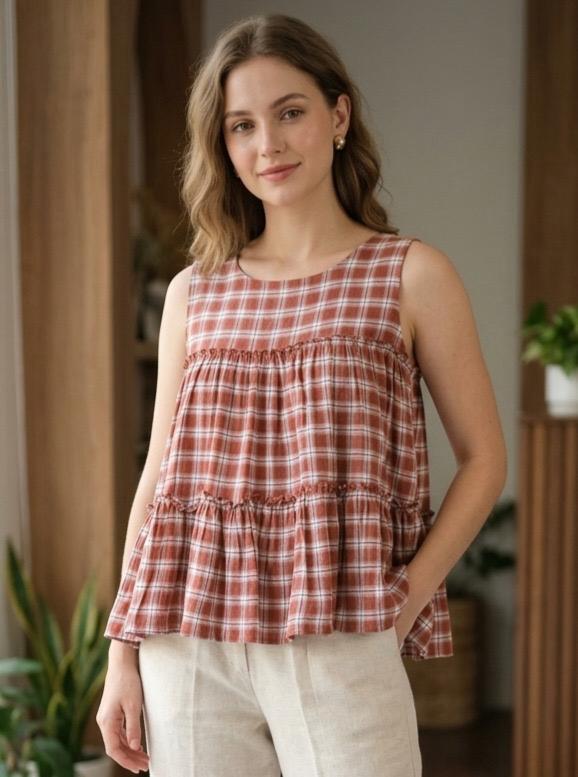 Linen Cotton Checks Top Pant Set for Women