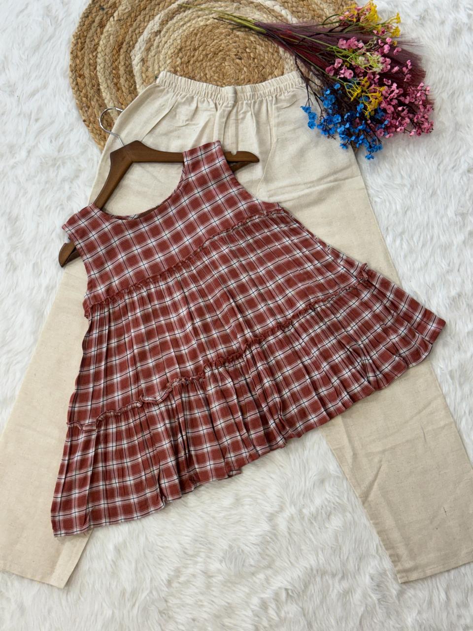 Linen Cotton Checks Top Pant Set for Women