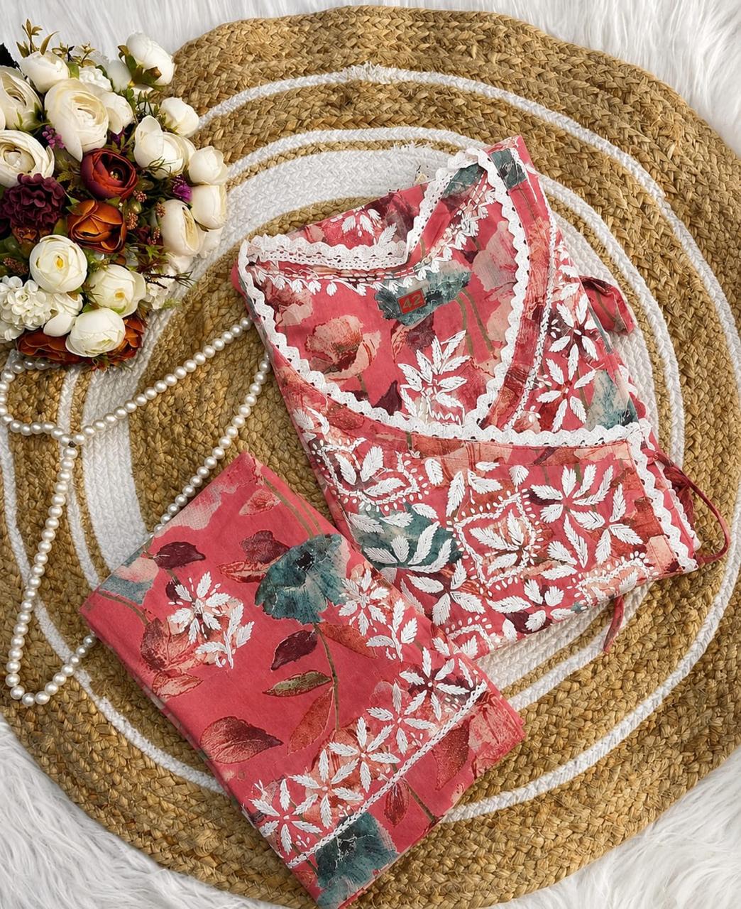 Mul Mul Cotton Chikankari Angrakha Kurti with Pant Set
