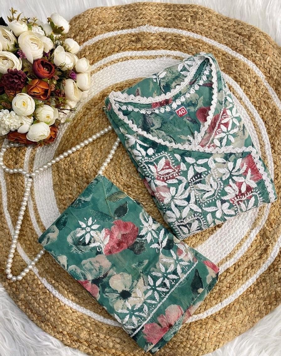 Mul Mul Cotton Chikankari Angrakha Kurti with Pant Set